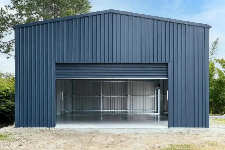 Front entry of epoxy floor workshop shed in Forestdale with roller door raised