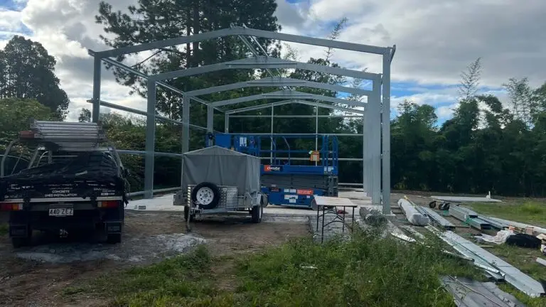 Steel portal frame installed for workshop shed in Forestdale